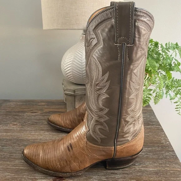 Vtg Justin Lizard Western Cowboy Boots Mens 9 D Brown Tan - Picture 4 of 15